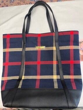 Joy & Iman Navy Plaid Tote with Red and Yellow Accents and Black Trim